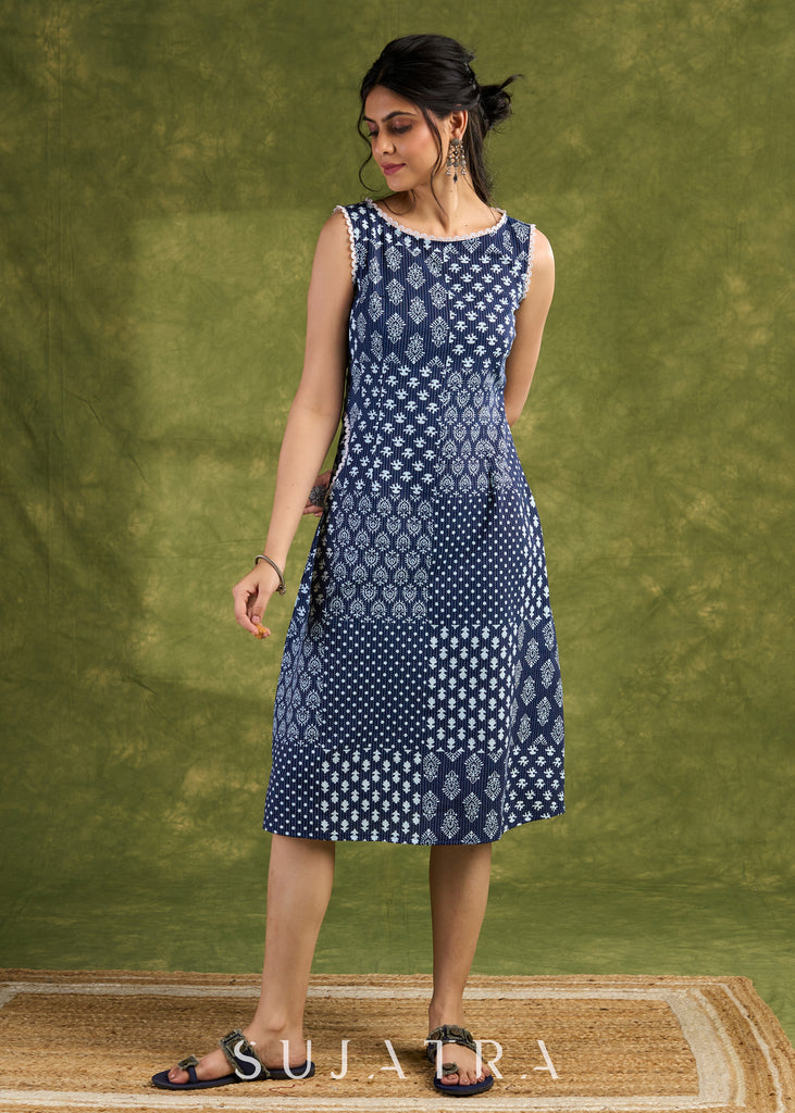 Patchwork Design Indigo Printed Cotton Dress. Unique Indigo Patchwork With Intricate Geometric Prints