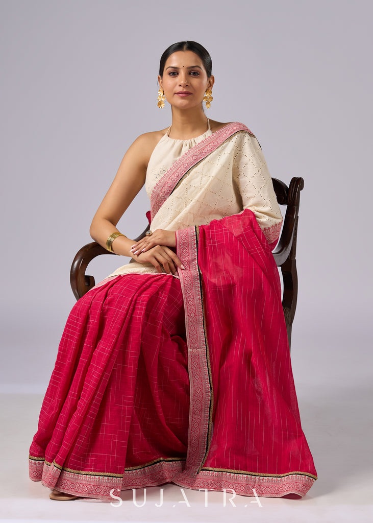 Festive off white haakoba cotton saree with bright chequered pink combination