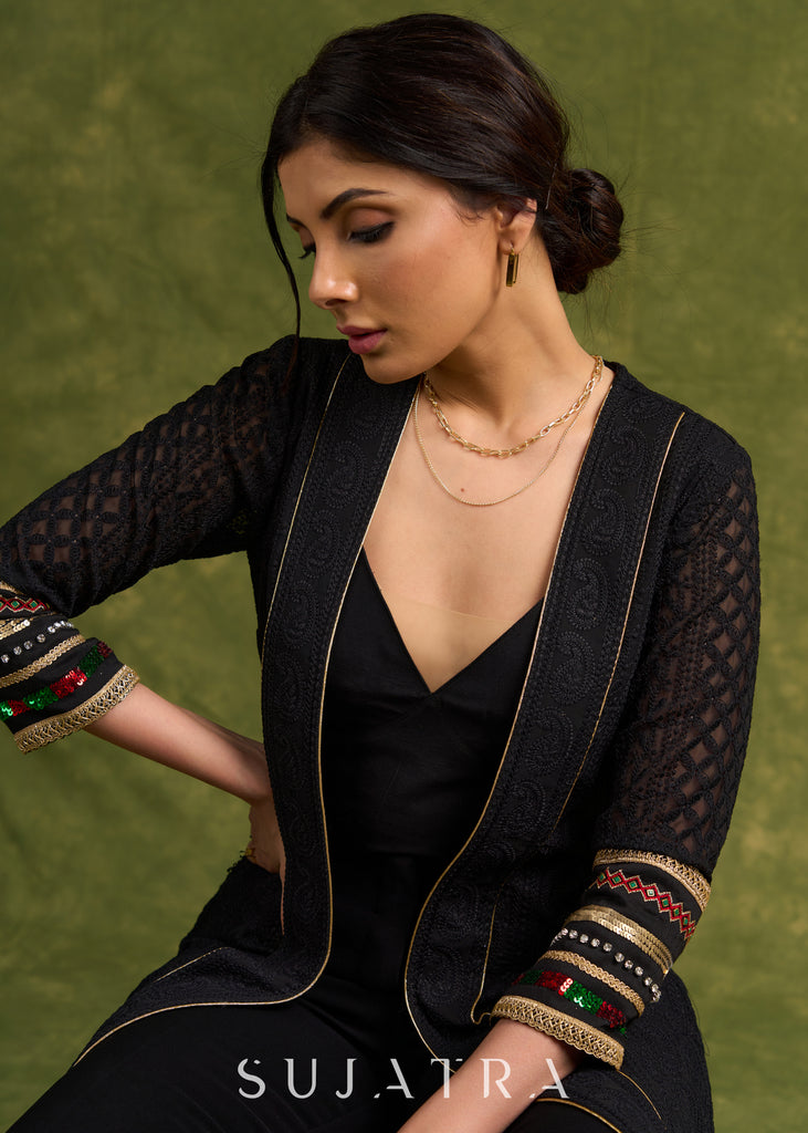 Evening Allure : Black Chikankari Long Shrug With The Sprinkle Of Red & Green Unique Embellishments