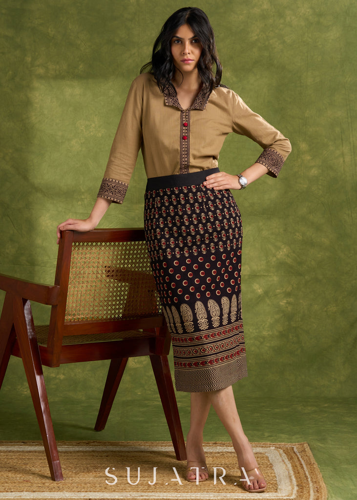 Dark Beige Cotton Ajrakh Combination Top - Skirt Optional