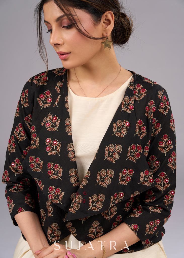 Elegant Printed Ajrakh Jacket with MirrorHand  Embroidery