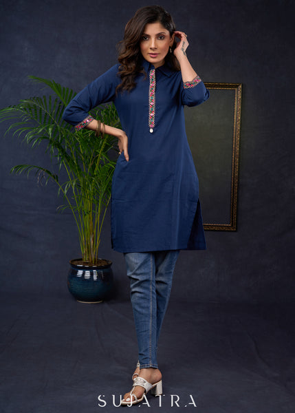 Navy Blue Cotton Tunic With Kutch Embroidery And A Shirt-Style Collar.