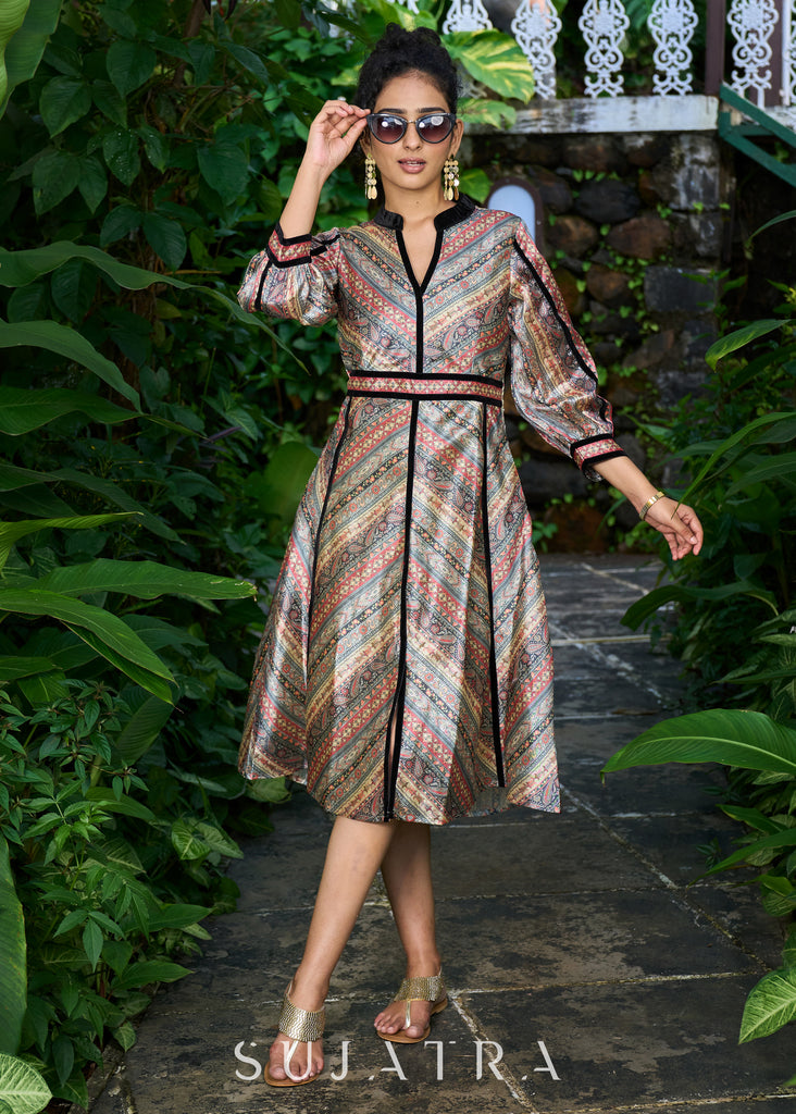 Elegant black chanderi dress with striped floral print highlighted with velvet lace