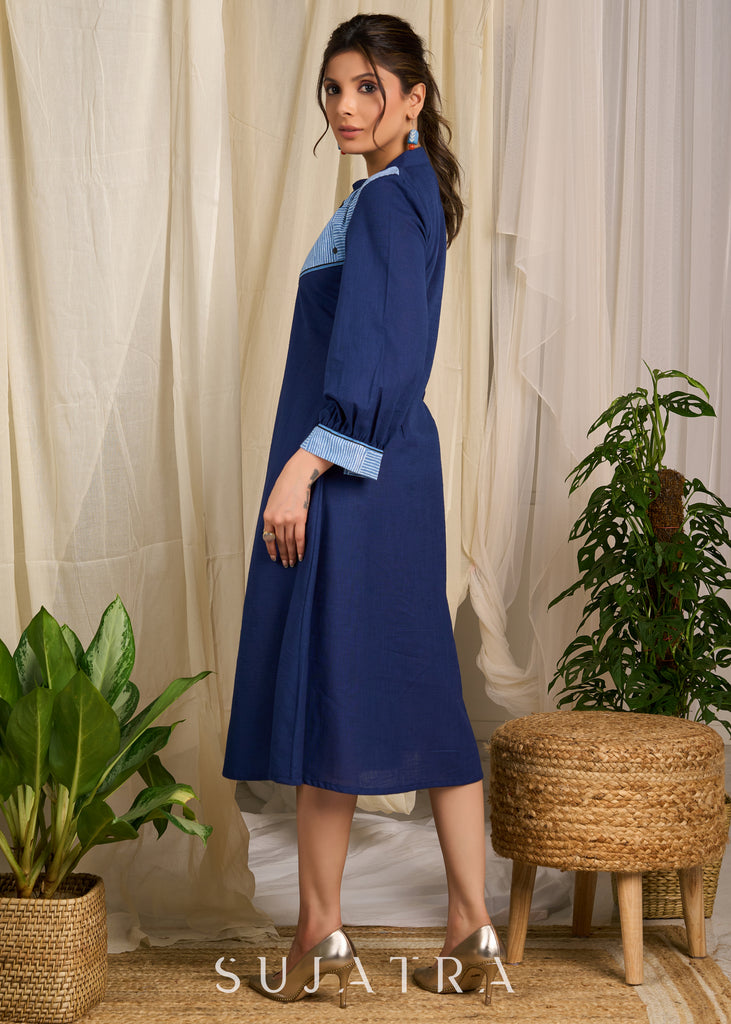 Elegant navy cotton dress with contrasting block printed yoke and cuffs