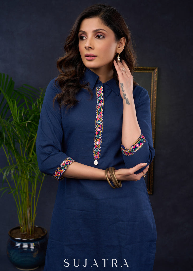 Navy Blue Cotton Tunic With Kutch Embroidery And A Shirt-Style Collar.