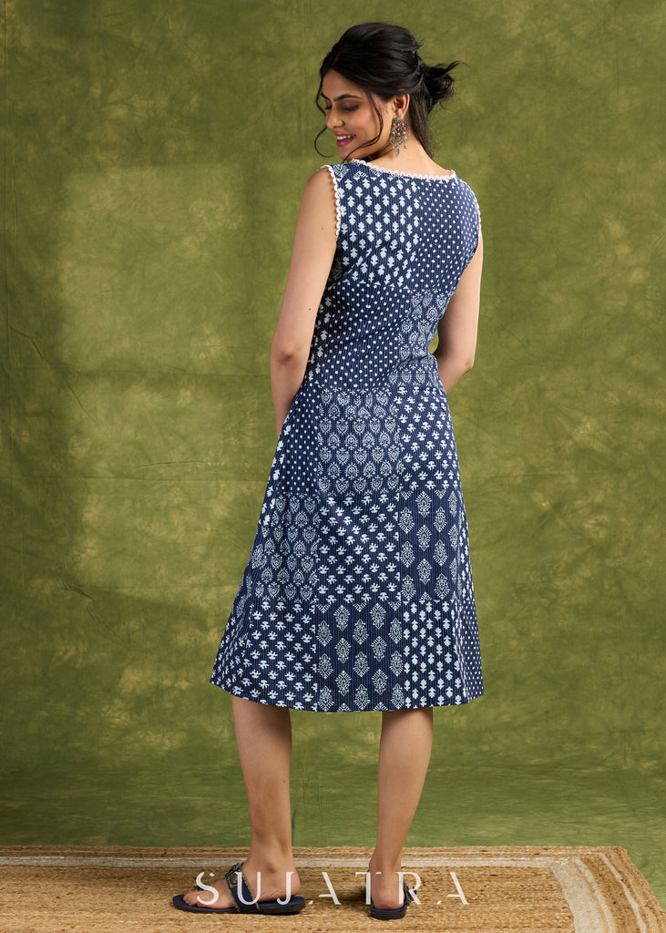 Patchwork Design Indigo Printed Cotton Dress. Unique Indigo Patchwork With Intricate Geometric Prints