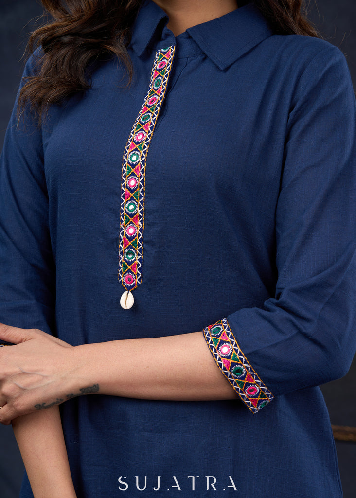 Navy Blue Cotton Tunic With Kutch Embroidery And A Shirt-Style Collar.