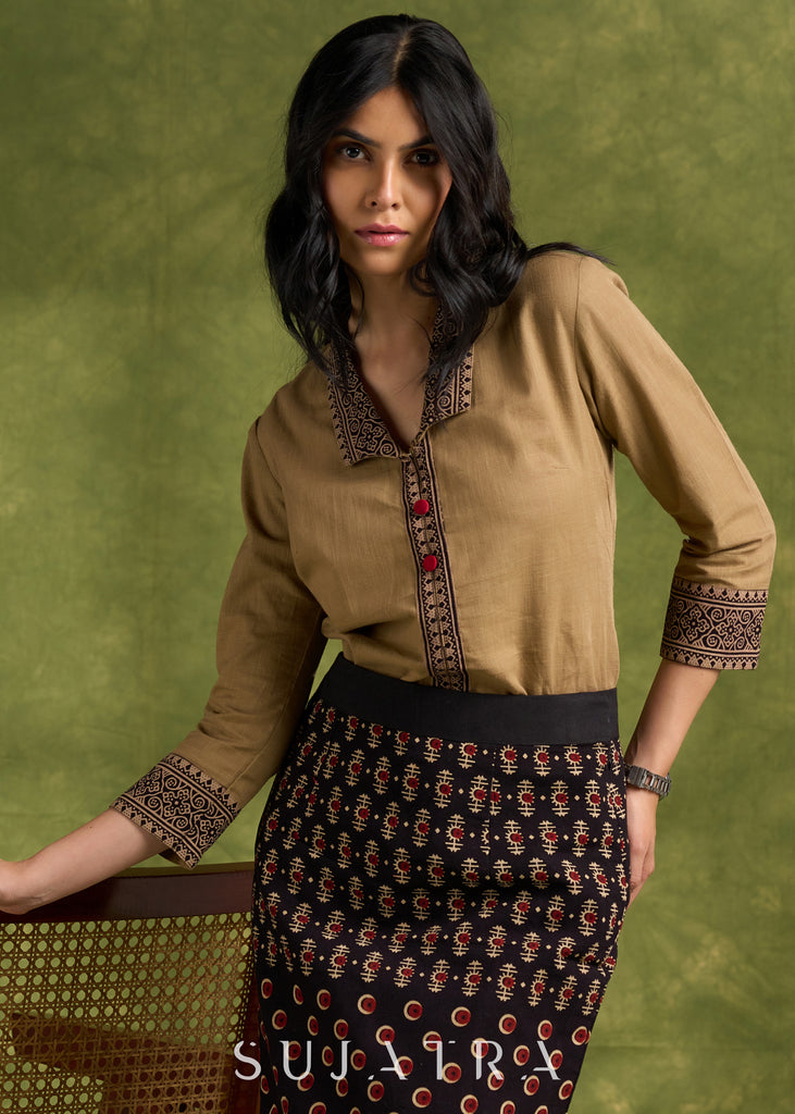 Dark Beige Cotton Ajrakh Combination Top - Skirt Optional