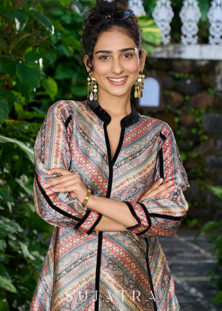 Elegant black chanderi dress with striped floral print highlighted with velvet lace