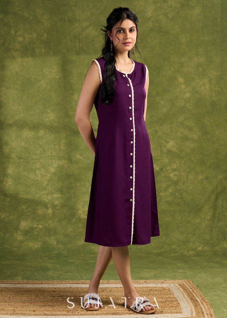 Purple Rayon Buttoned Dress. Chic Purple Dress With Lace Accents And Button Detailing