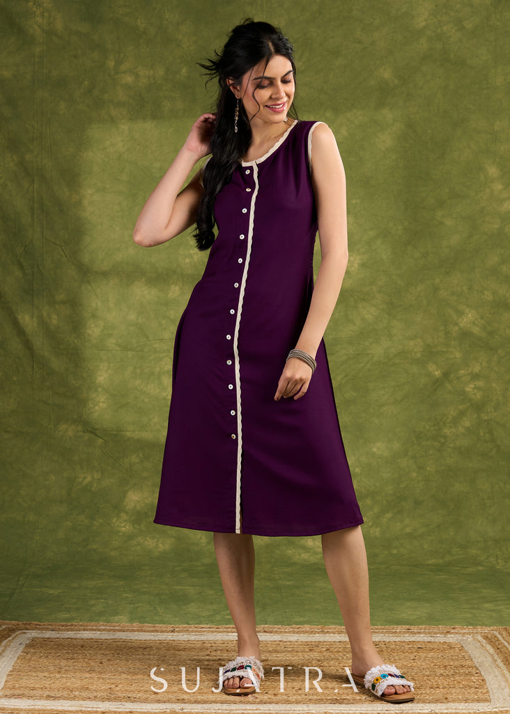 Purple Rayon Buttoned Dress. Chic Purple Dress With Lace Accents And Button Detailing