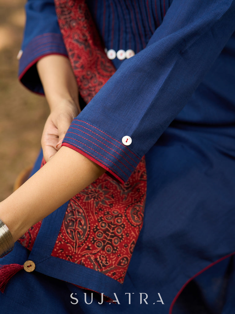 Elegant Indigo Kurta with Contrast Kantha Stitch Detailing and Button Accents