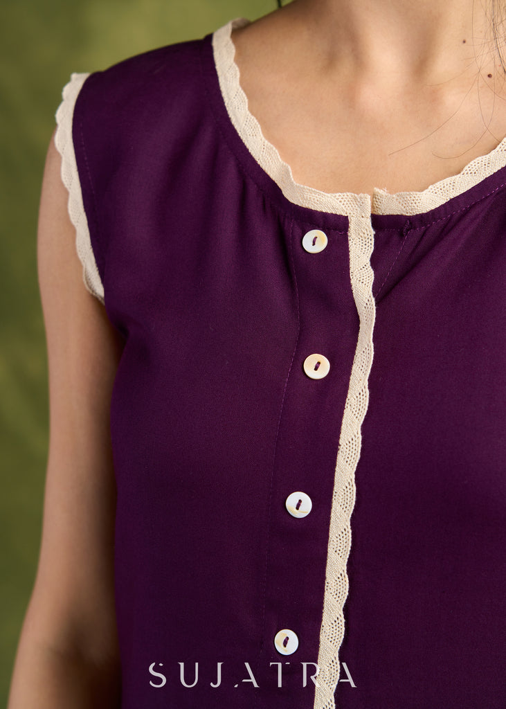 Purple Rayon Buttoned Dress. Chic Purple Dress With Lace Accents And Button Detailing