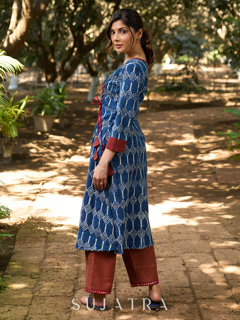 Indigo Bliss Handblock Angarkha Style Kurta with Geometric Print, Contrast Ajrakh Border & Tassel Tie-Up Detailing