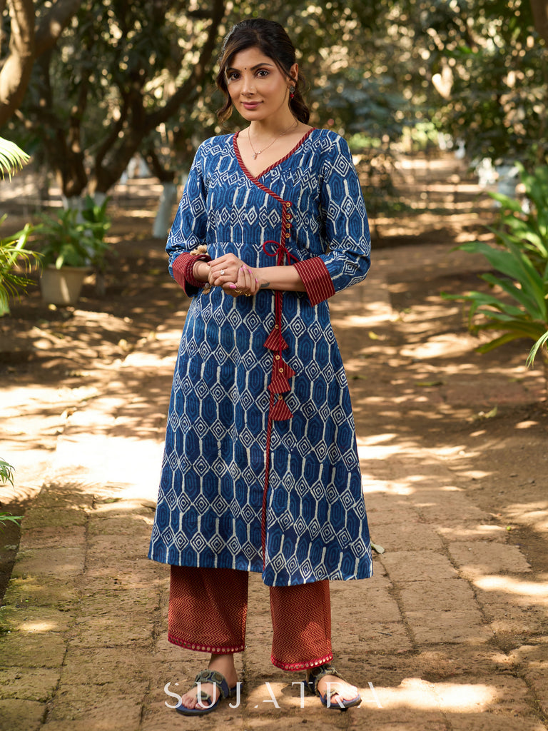 Indigo Bliss Handblock Angarkha Style Kurta with Geometric Print, Contrast Ajrakh Border & Tassel Tie-Up Detailing