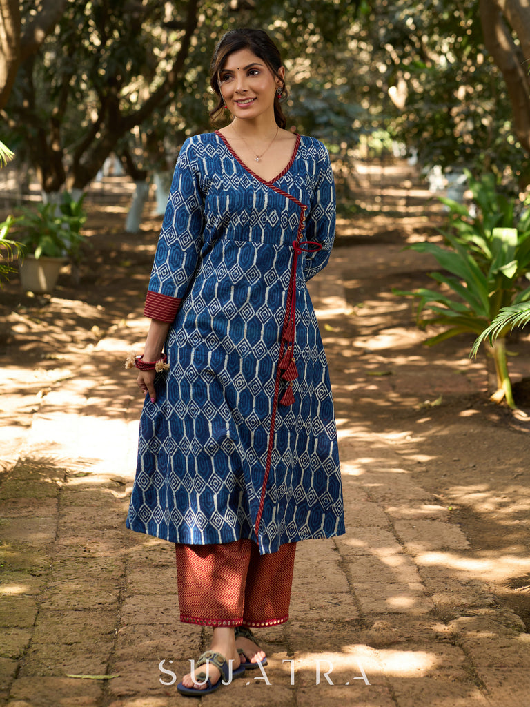 Indigo Bliss Handblock Angarkha Style Kurta with Geometric Print, Contrast Ajrakh Border & Tassel Tie-Up Detailing