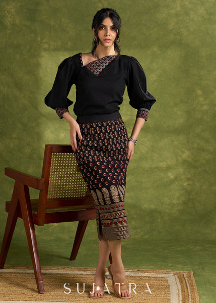 Black Cotton Top With Asymmetric Neck And Puffed Sleeves - Skirt Optional