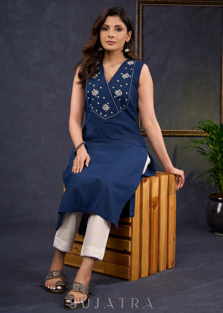 Graceful-Navy-Blue-Cotton-Sleeveless-Kurta-With-Beautiful-Floral-Embroidery-On-The-Yoke--Pant-Optional