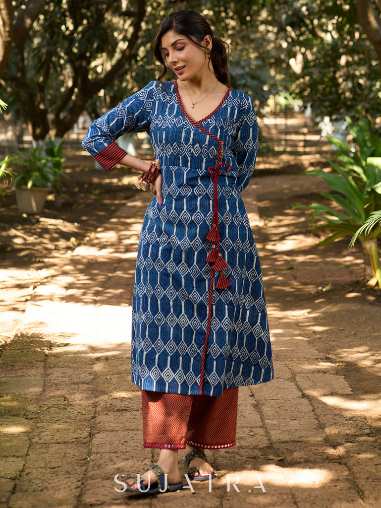 Indigo Bliss Handblock Angarkha Style Kurta with Geometric Print, Contrast Ajrakh Border & Tassel Tie-Up Detailing