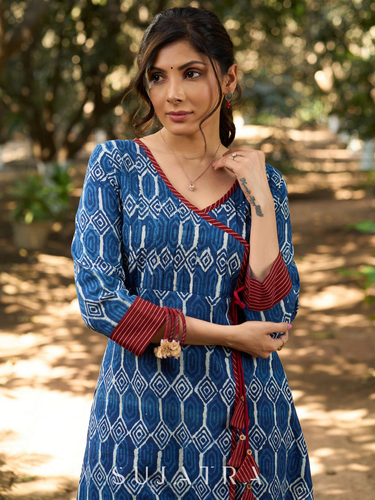 Indigo Bliss Handblock Angarkha Style Kurta with Geometric Print, Contrast Ajrakh Border & Tassel Tie-Up Detailing