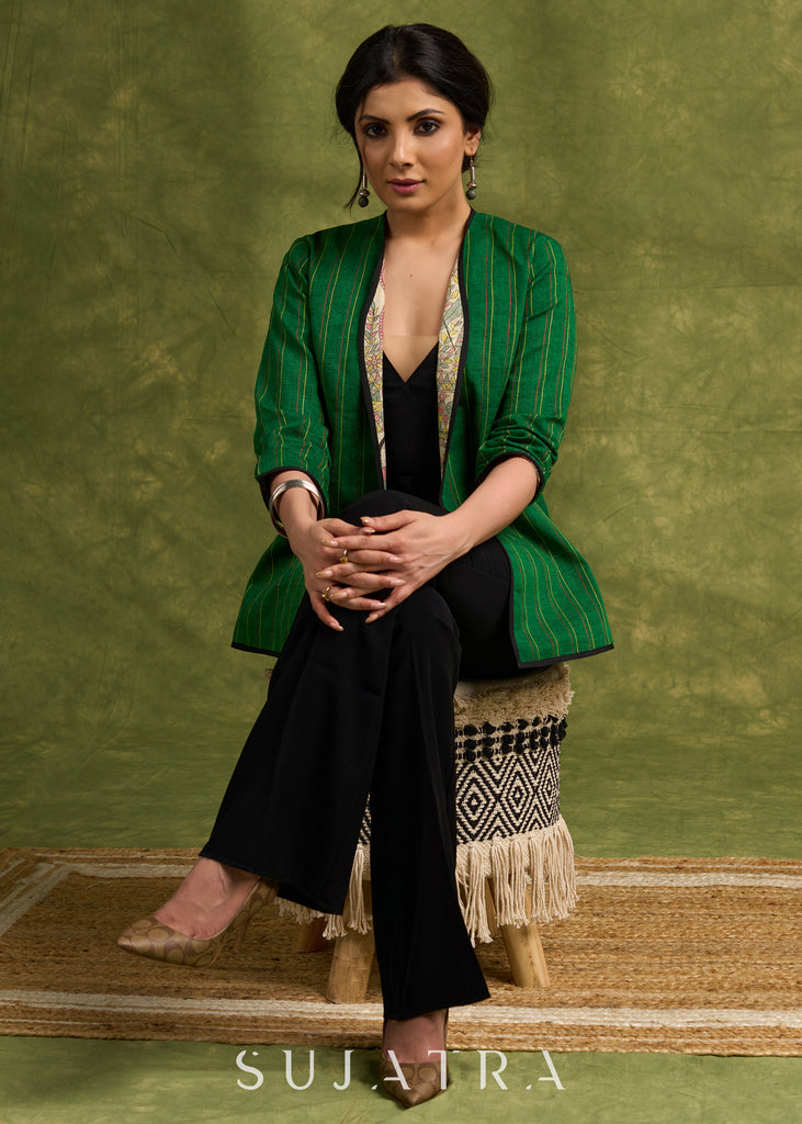 Double The Style : Emerald Green Reversible Cotton Jacket With Intricate Thread work