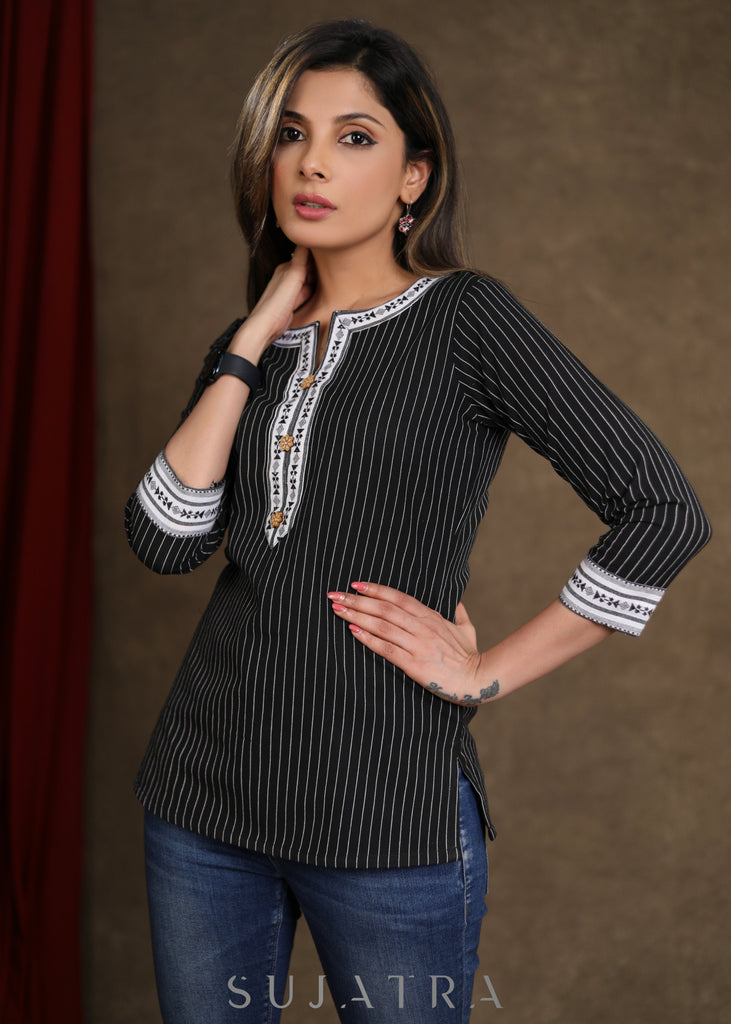 Casual Black Line Ikkat Combination Top