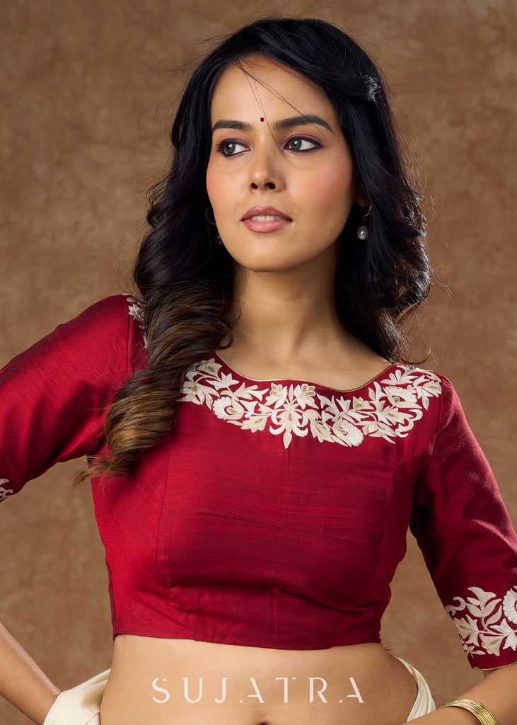 Classic cotton silk maroon embroidered blouse