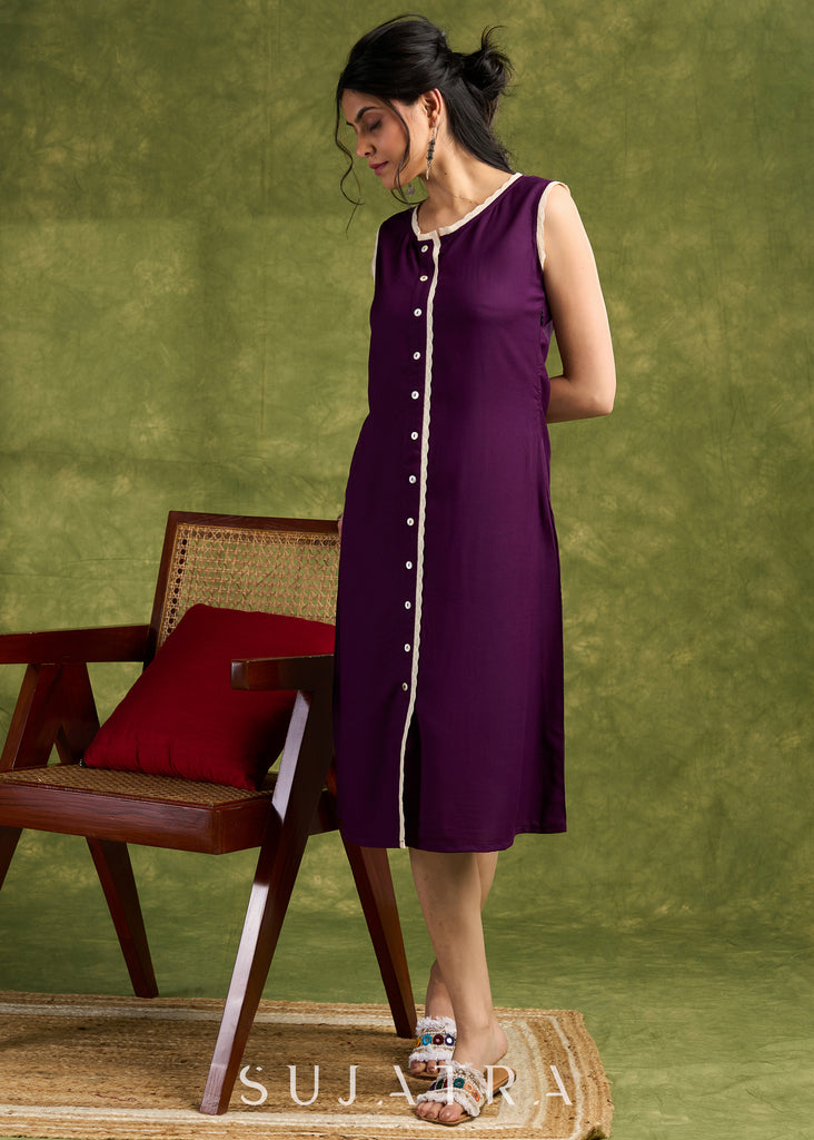 Purple Rayon Buttoned Dress. Chic Purple Dress With Lace Accents And Button Detailing