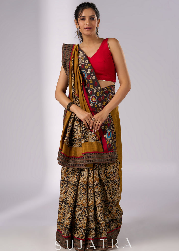 Exclusive mustard Kalamkari fusion cotton saree