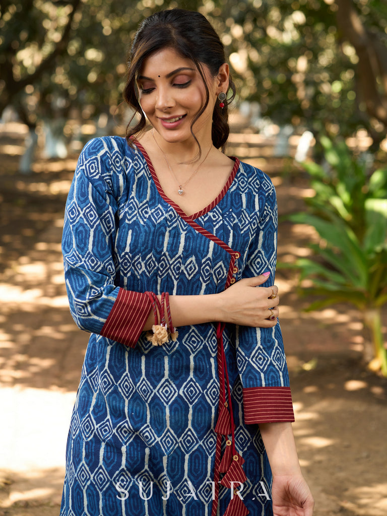 Indigo Bliss Handblock Angarkha Style Kurta with Geometric Print, Contrast Ajrakh Border & Tassel Tie-Up Detailing