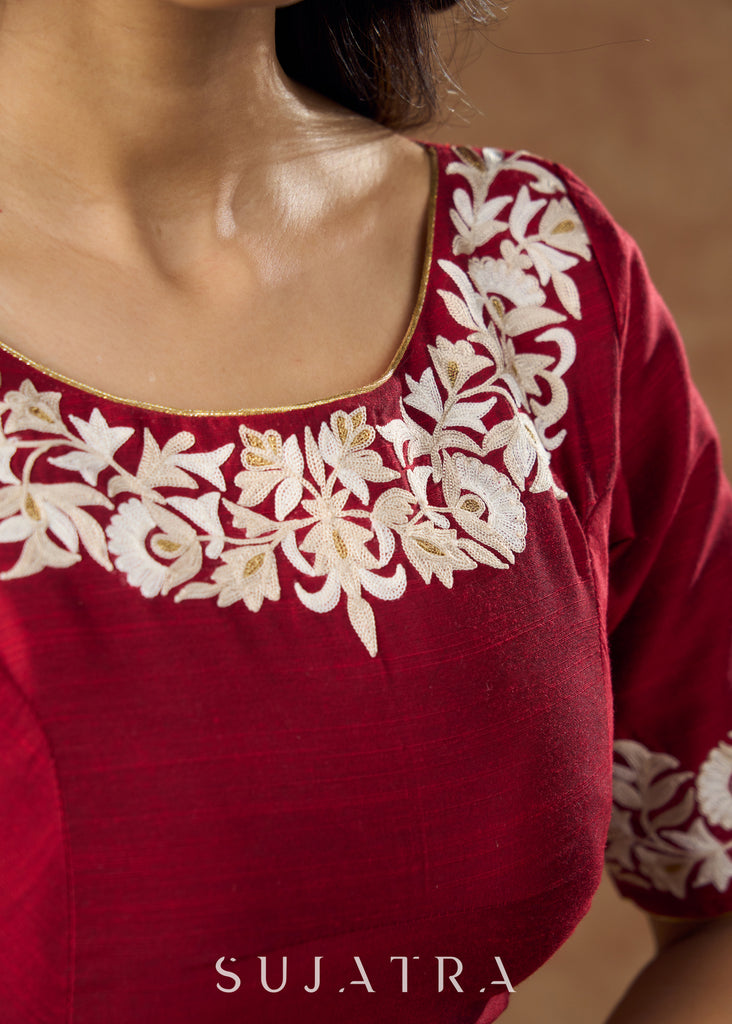 Classic cotton silk maroon embroidered blouse