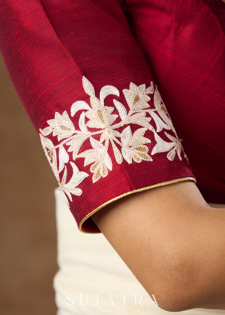 Classic cotton silk maroon embroidered blouse