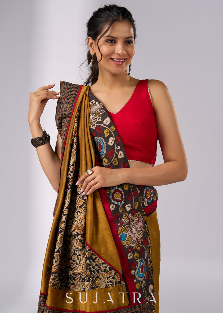 Exclusive mustard Kalamkari fusion cotton saree