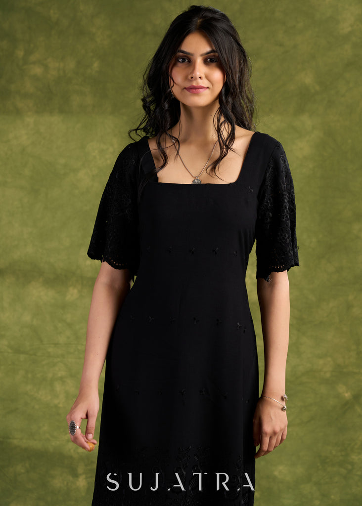 Black Rayon Embroidered Dress. Sleek Black Dress With Scalloped Hemline