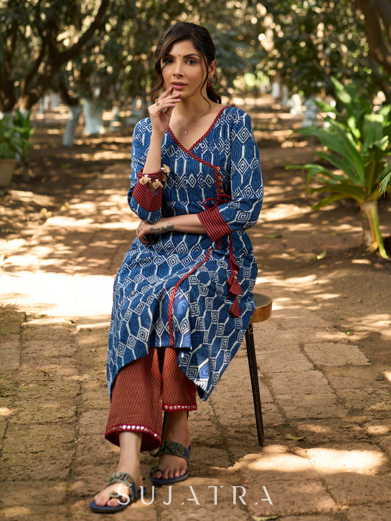 Indigo Bliss Handblock Angarkha Style Kurta with Geometric Print, Contrast Ajrakh Border & Tassel Tie-Up Detailing