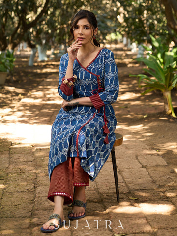 Indigo Bliss Handblock Angarkha Style Kurta with Geometric Print, Contrast Ajrakh Border & Tassel Tie-Up Detailing