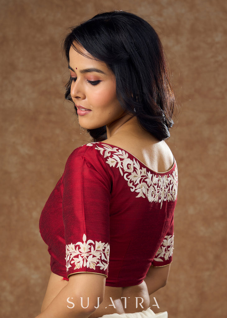 Classic cotton silk maroon embroidered blouse