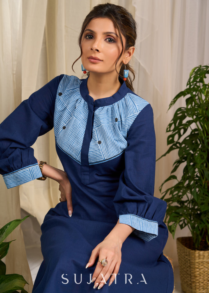 Elegant navy cotton dress with contrasting block printed yoke and cuffs