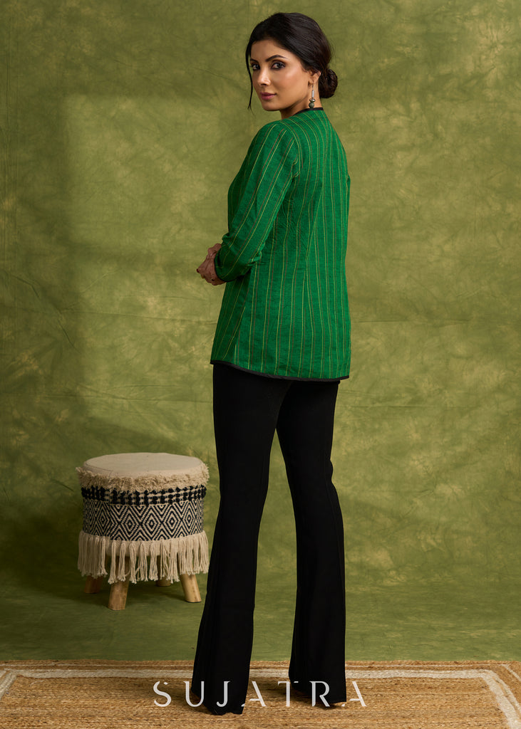 Double The Style : Emerald Green Reversible Cotton Jacket With Intricate Thread work