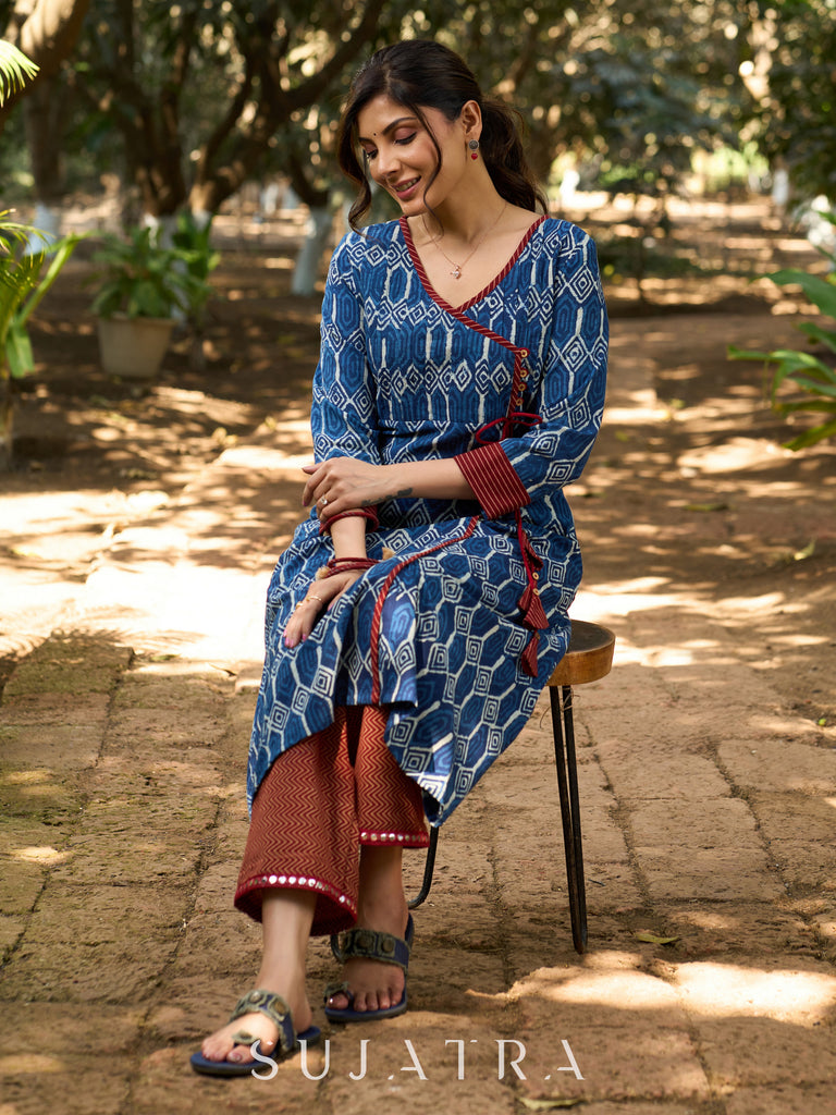 Indigo Bliss Handblock Angarkha Style Kurta with Geometric Print, Contrast Ajrakh Border & Tassel Tie-Up Detailing