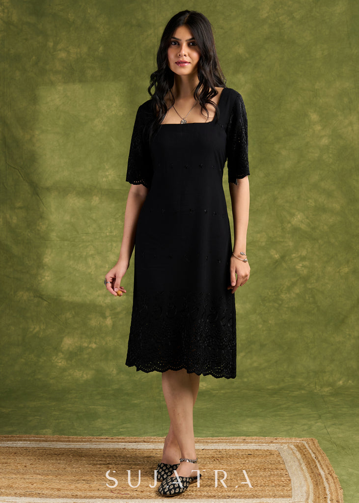 Black Rayon Embroidered Dress. Sleek Black Dress With Scalloped Hemline