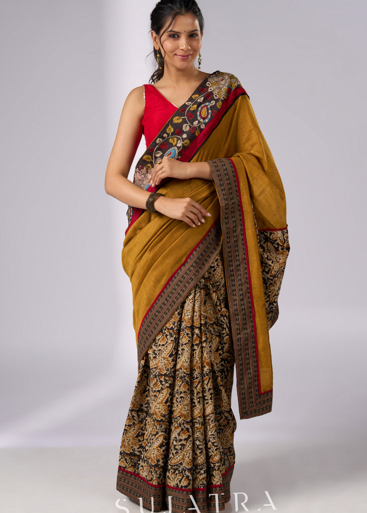 Exclusive mustard Kalamkari fusion cotton saree