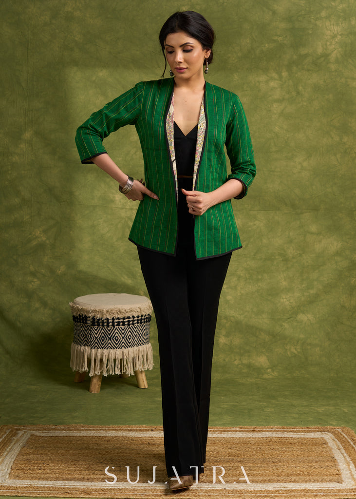 Double The Style : Emerald Green Reversible Cotton Jacket With Intricate Thread work