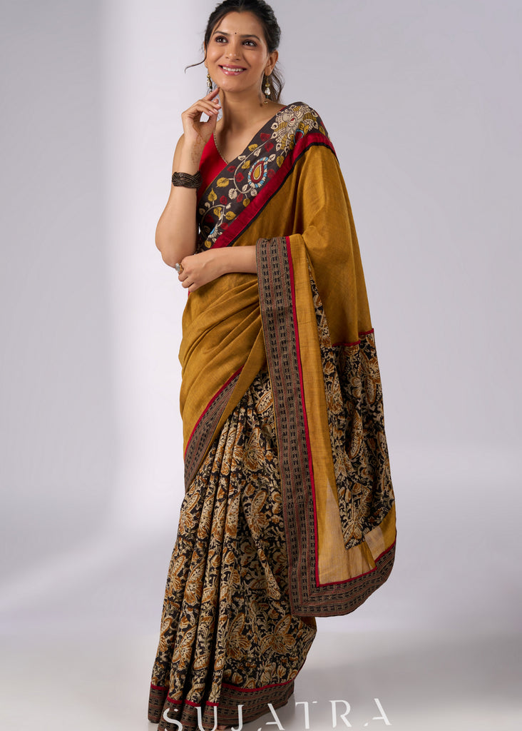 Exclusive mustard Kalamkari fusion cotton saree