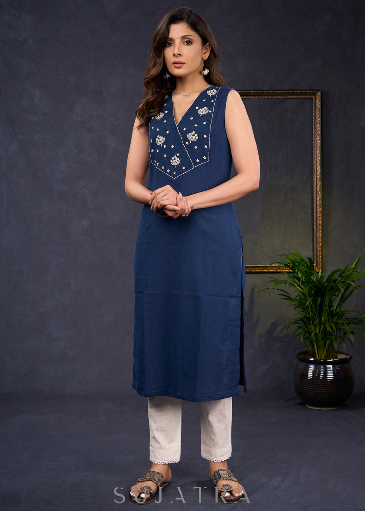 Graceful-Navy-Blue-Cotton-Sleeveless-Kurta-With-Beautiful-Floral-Embroidery-On-The-Yoke--Pant-Optional