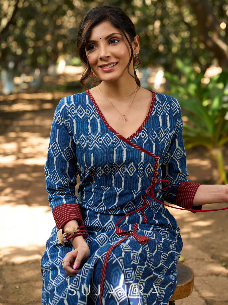 Indigo Bliss Handblock Angarkha Style Kurta with Geometric Print, Contrast Ajrakh Border & Tassel Tie-Up Detailing