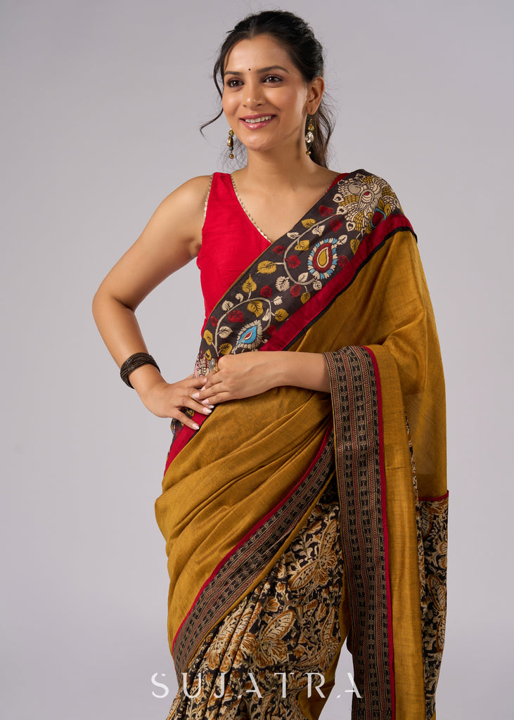 Exclusive mustard Kalamkari fusion cotton saree