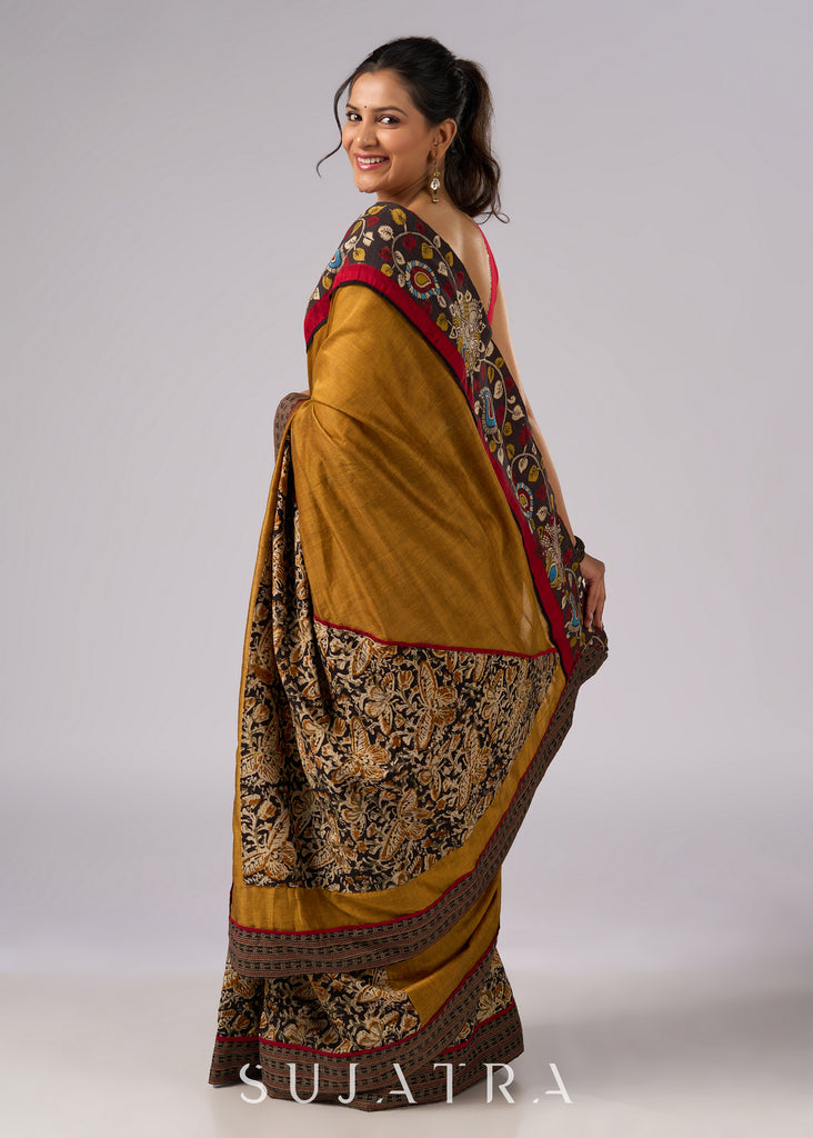 Exclusive mustard Kalamkari fusion cotton saree