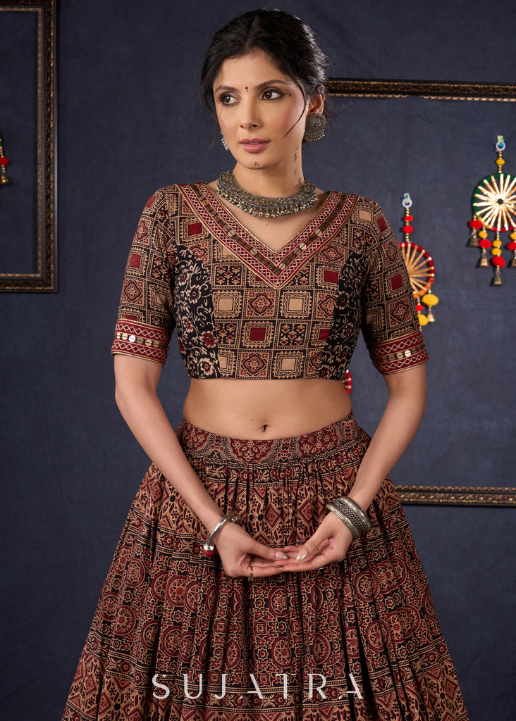 Elegant Maroon & Black Ajrakh Lehenga With Matching Blouse & Dupatta.