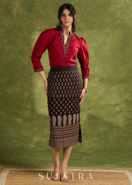 Maroon Cotton Pleated Top With Ajrakh Detailing- Skirt Optional